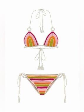 My Beachy Side Hand-Crocheted Bon Bon Striped Bikini Set Size S NWT